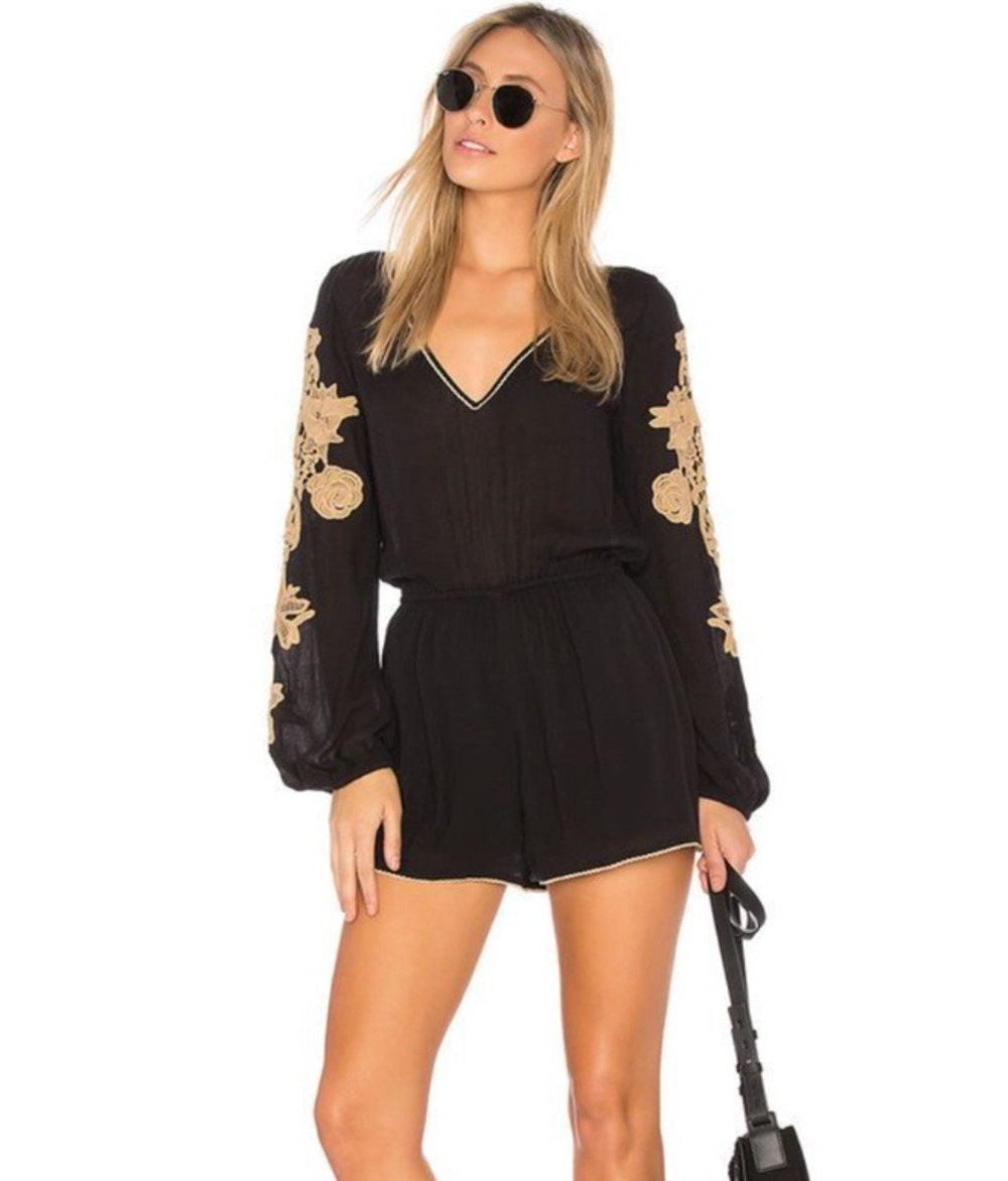 L* Space Women Black Long Sleeve Boho Romper XS Embroidered Lace Beach Festival